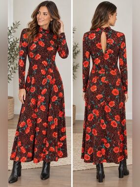 Beautiful Free People Long Sleeve Dress in Leopard with Red/Orange Floral